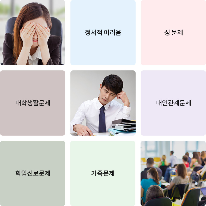 개인상담과정 : 정서적어려움, 성문제, 대학생활문제, 대인관계문제, 학업진로문제, 가족문제